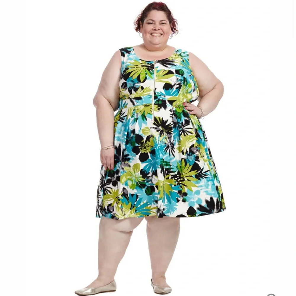 Tropical Palm Print Ponte Fit and Flare Midi Dress Sleeveless Women’s Plus 18W - Picture 2 of 6